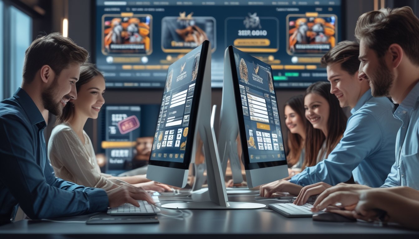 Sekelompok orang muda menggunakan komputer dan ponsel untuk mendaftar dan masuk ke platform taruhan sabung ayam online.