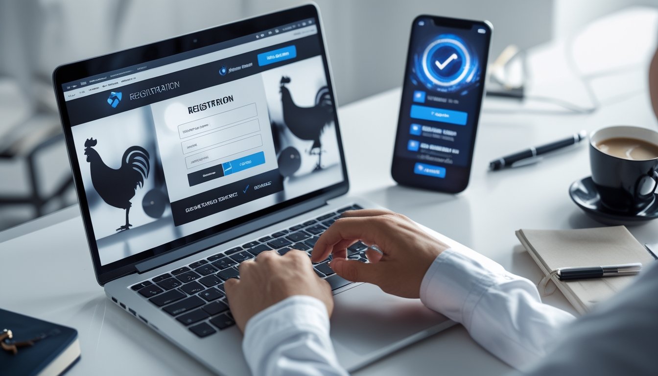 Seseorang mengetik di laptop dengan layar formulir pendaftaran dan ponsel menampilkan layar login, di atas meja kerja minimalis.