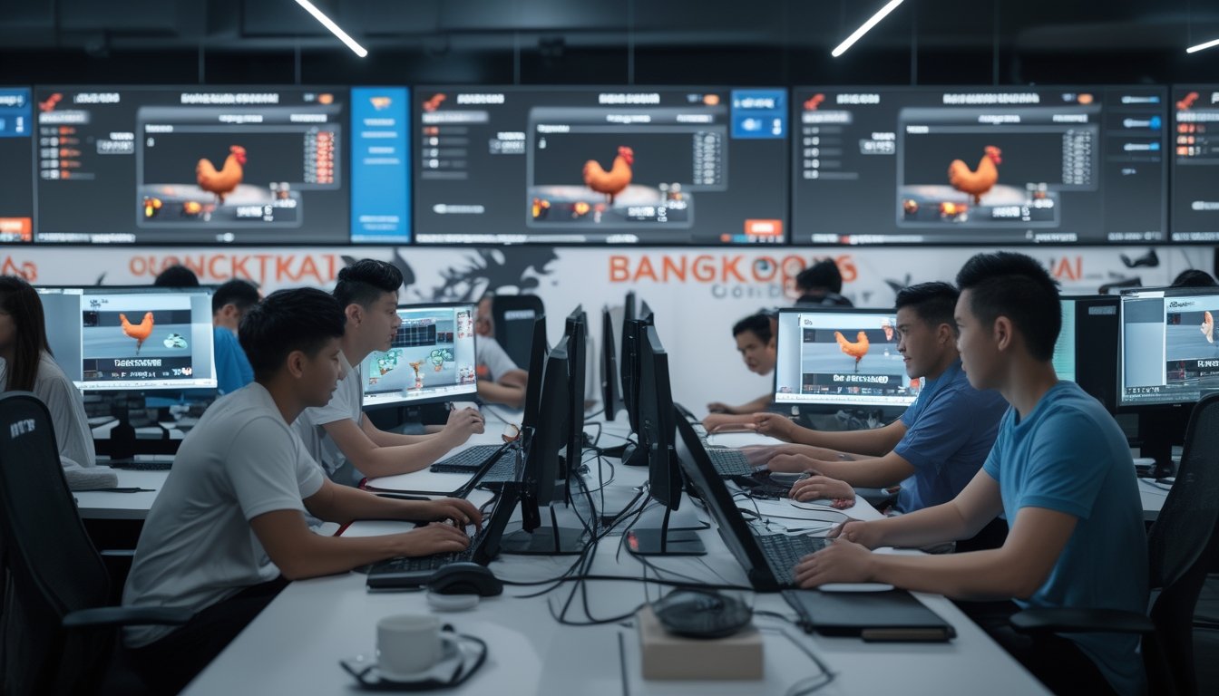 Sekelompok orang muda sedang melihat layar komputer yang menampilkan pertandingan sabung ayam secara online dengan suasana kantor modern.