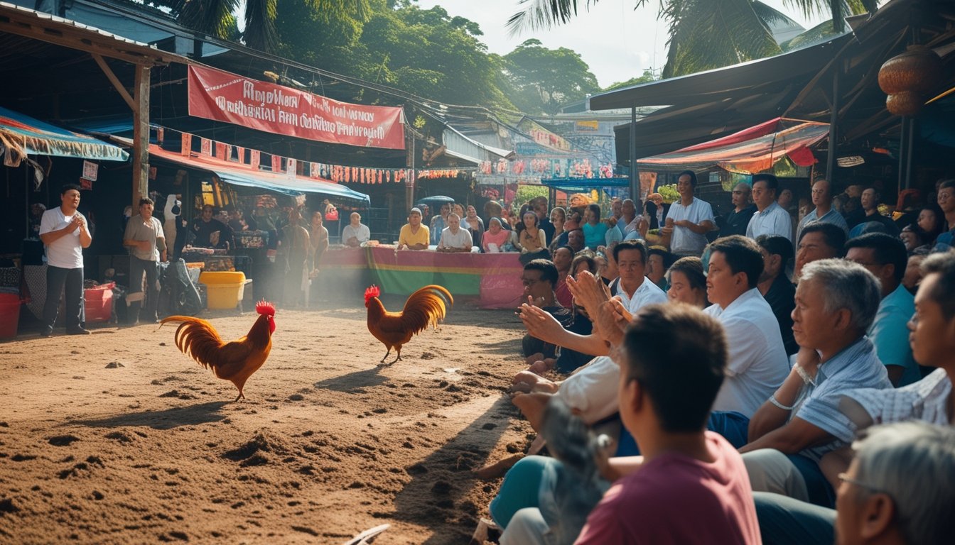 Kerumunan orang menonton sabung ayam secara langsung di arena luar ruangan dengan dua ayam jago bertarung di tengah.