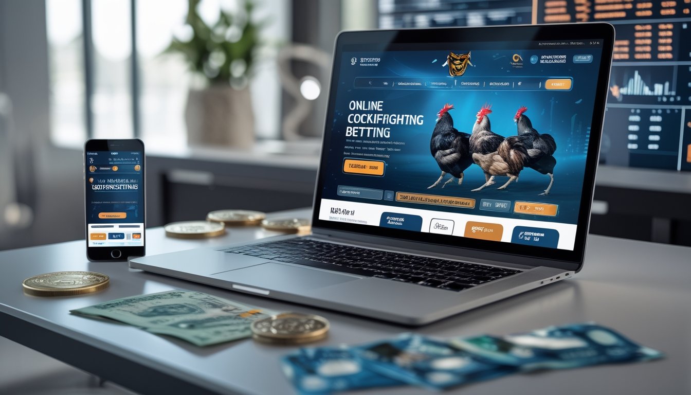 Seorang pria duduk di depan laptop dan ponsel yang menampilkan aplikasi taruhan sabung ayam dengan uang rupiah di meja.