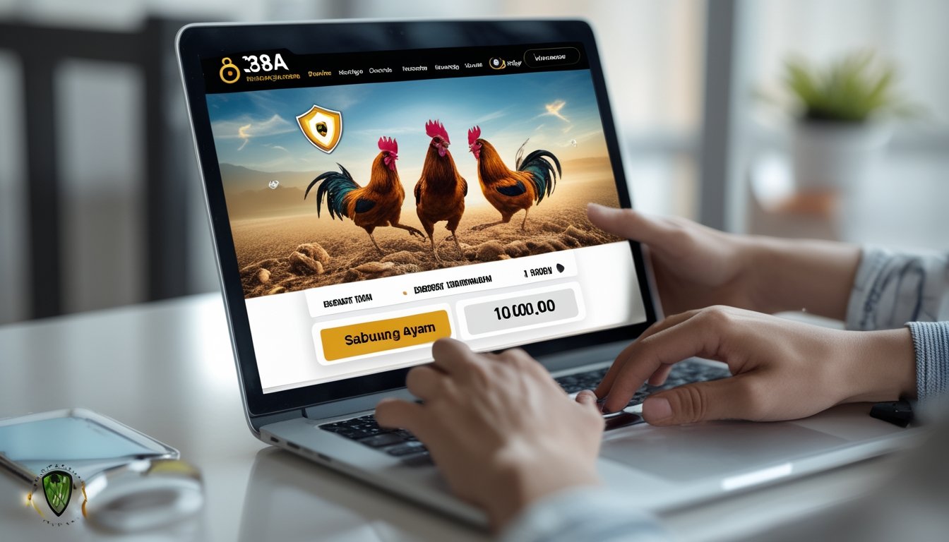 Seseorang menggunakan laptop dengan tampilan situs taruhan sabung ayam online resmi, menampilkan gambar ayam aduan dan simbol keamanan digital.