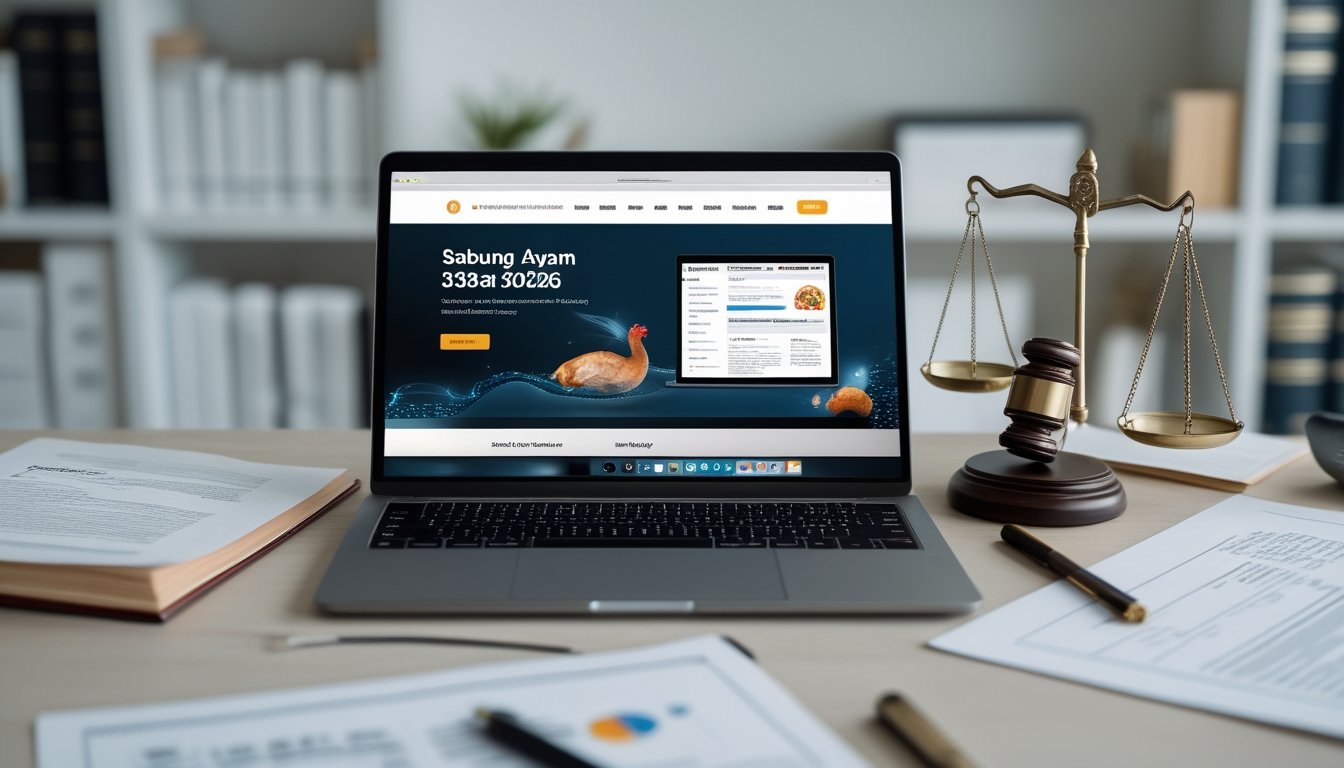 Suasana kantor modern dengan laptop, dokumen hukum, palu hakim, dan timbangan keadilan yang menggambarkan legalitas dan sejarah Sabung Ayam 338A online.