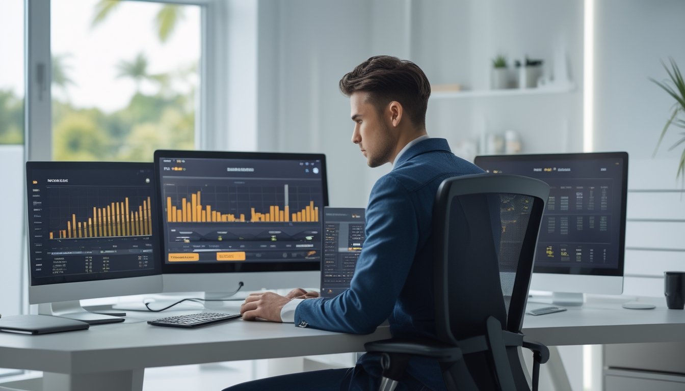 Seorang pria muda duduk di meja kerja dengan beberapa layar komputer menampilkan grafik dan data, menggunakan laptop dan ponsel di ruang kantor rumah yang terang dan rapi.