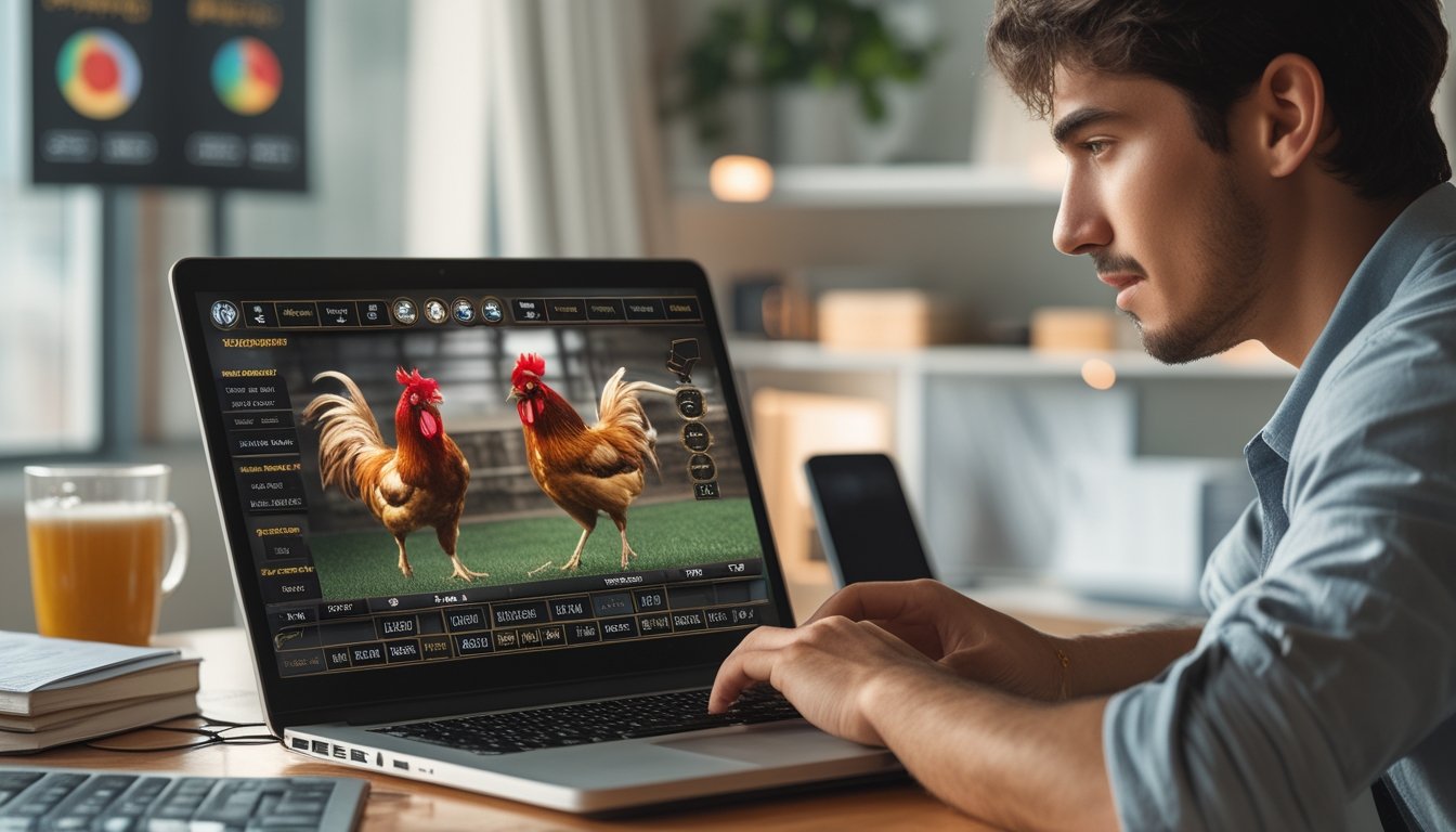 Seorang dewasa muda sedang menggunakan laptop dengan tampilan taruhan sabung ayam online di meja kerja modern.