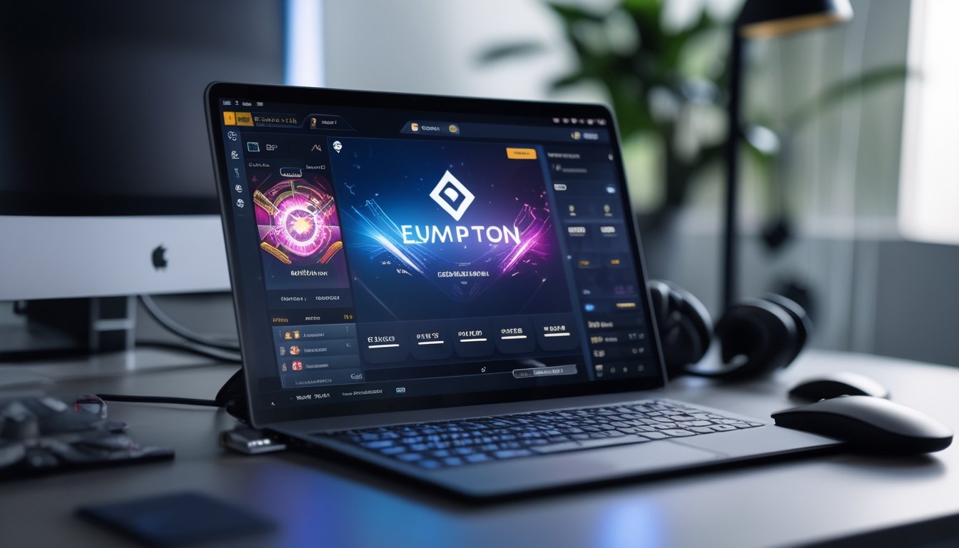 Sebuah perangkat digital menampilkan antarmuka platform permainan online di ruang kerja modern dengan pencahayaan terang.