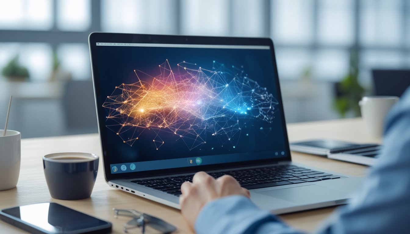 Sebuah ruang kerja modern dengan laptop yang menampilkan pola jaringan digital berwarna-warni, dikelilingi oleh ponsel, cangkir kopi, dan buku catatan di atas meja, dengan latar belakang kantor yang terang dan berangin.