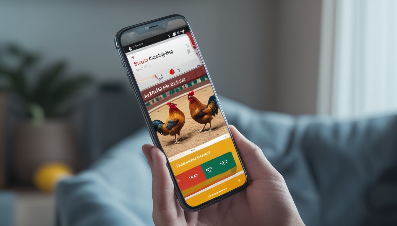 Seseorang memegang ponsel yang menampilkan siaran langsung pertandingan sabung ayam dengan dua ayam sedang bertarung.