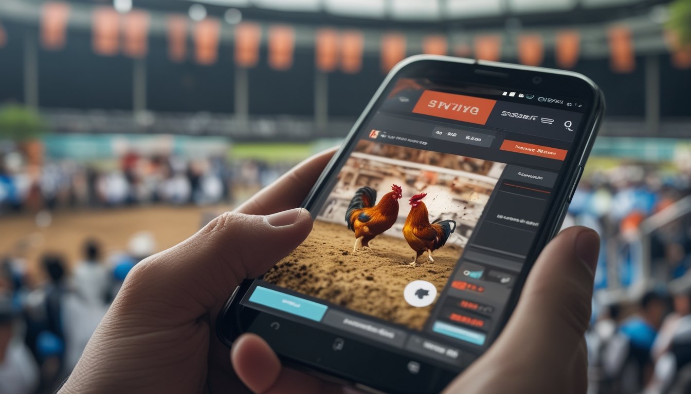 Seseorang memegang ponsel yang menampilkan siaran langsung pertandingan sabung ayam dengan latar belakang arena dan penonton.