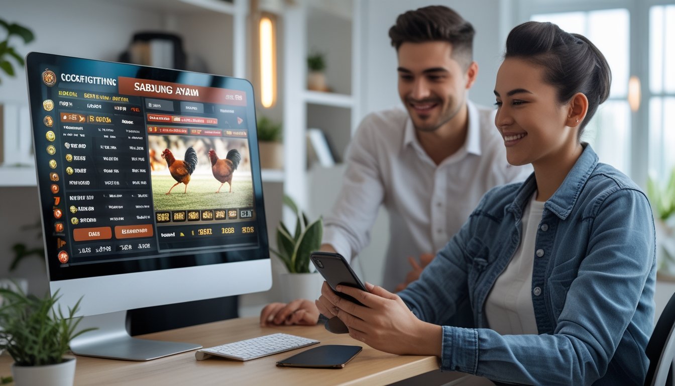 Dua orang muda sedang menggunakan komputer dan ponsel untuk bertaruh secara online pada pertandingan sabung ayam di sebuah ruang kerja yang terang dan modern.