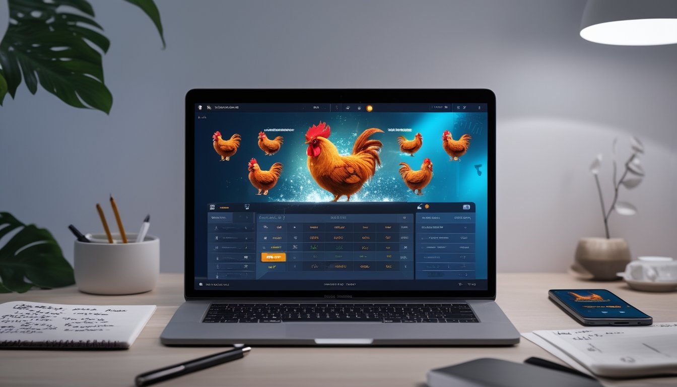Seseorang menggunakan komputer dengan layar menampilkan platform sabung ayam online, dikelilingi oleh catatan dan ponsel yang menunjukkan statistik permainan.