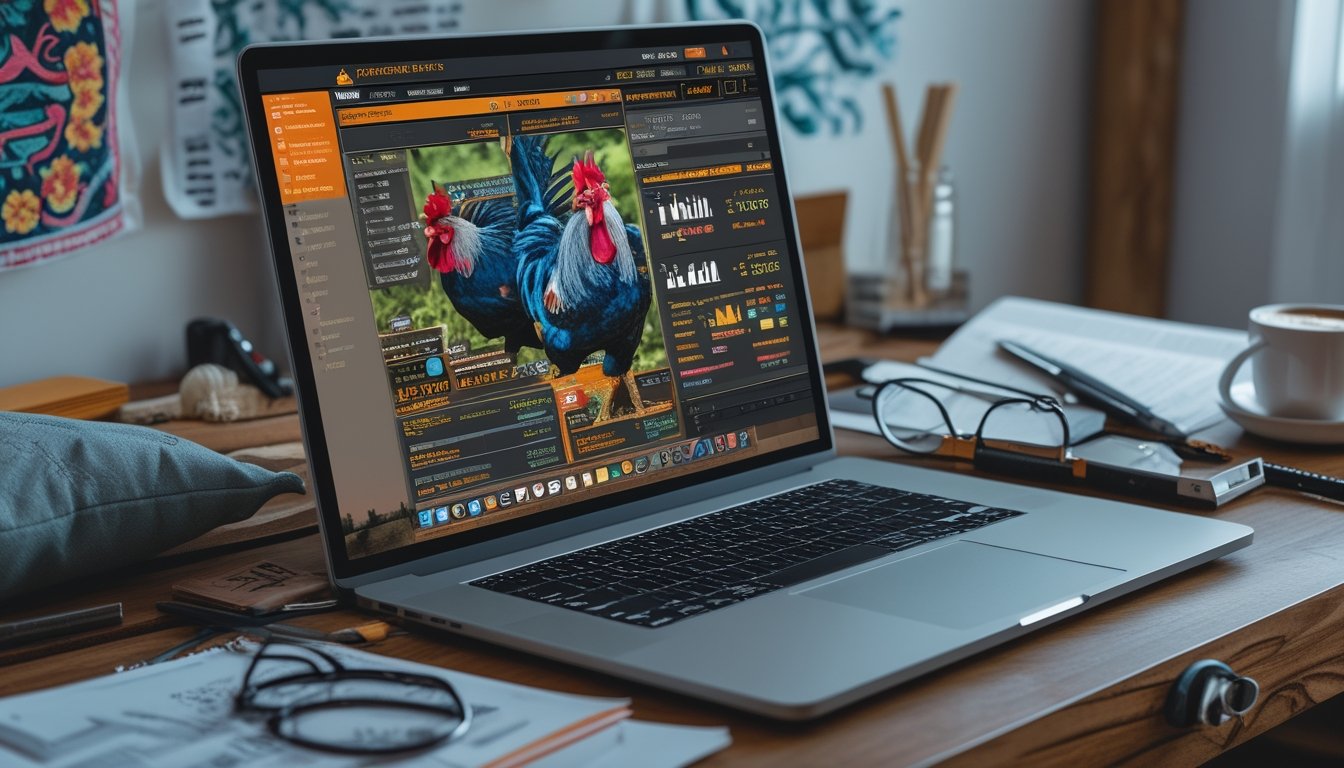 Meja kerja dengan laptop yang menampilkan grafik dan ilustrasi ayam jago, alat analisa, dan suasana belajar yang fokus.