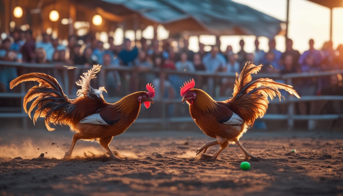 Pertandingan sabung ayam dengan dua ayam bertarung di arena yang dikelilingi penonton.