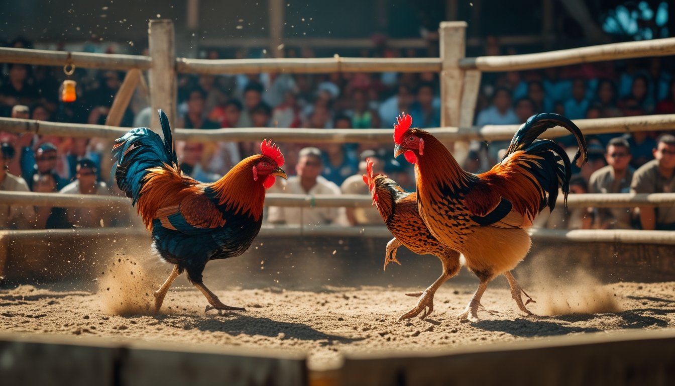 Dua ayam jago sedang bertarung di arena dengan penonton yang memperhatikan di latar belakang.