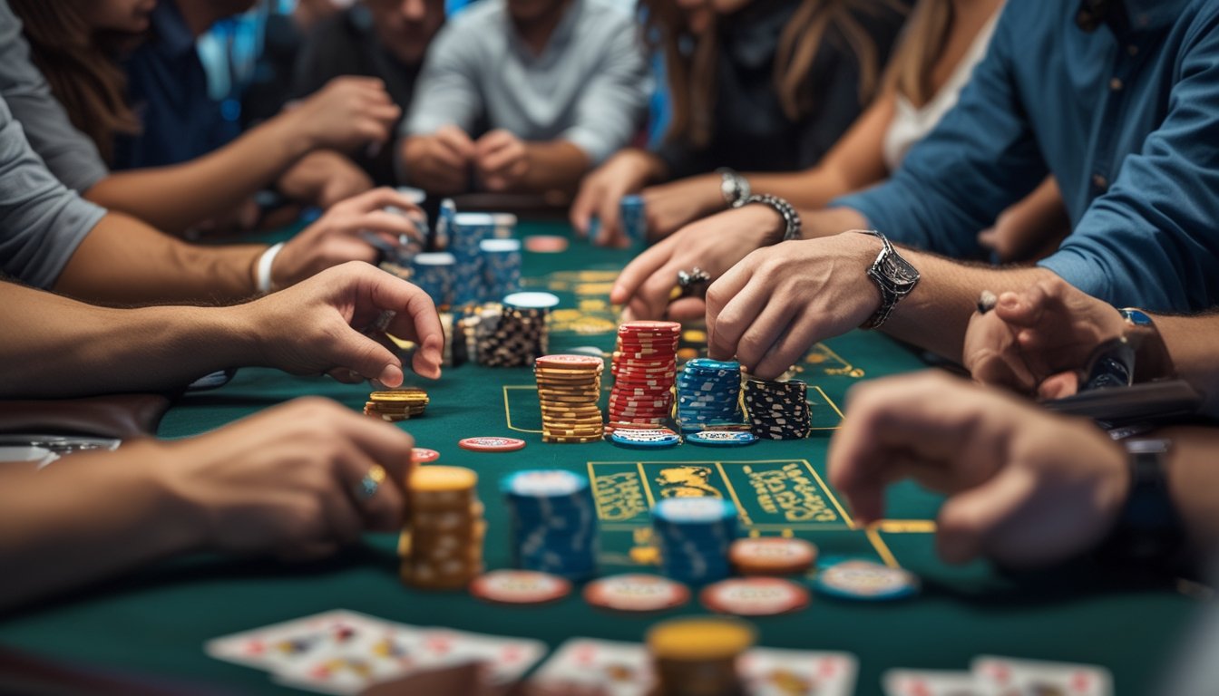 Beberapa orang duduk di sekitar meja poker dengan kartu dan tumpukan chip, fokus pada permainan Texas Holdem.