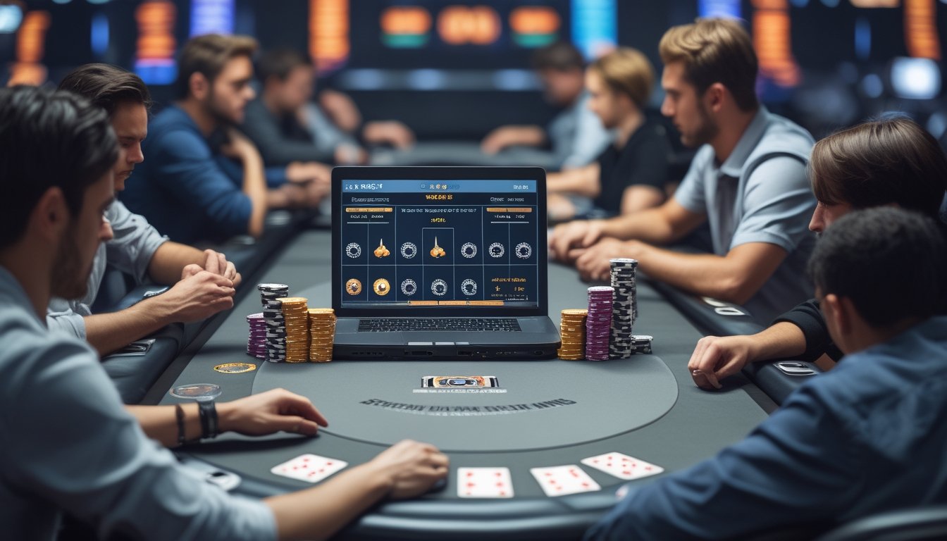 Beberapa pemain serius sedang bermain poker online Texas Hold'em di meja dengan chip dan kartu.