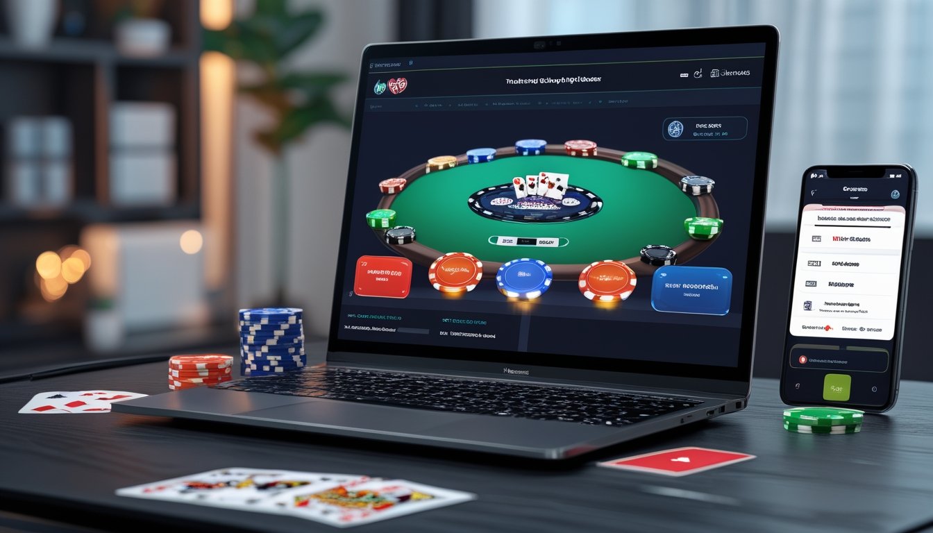 Sebuah meja dengan komputer menampilkan permainan poker online, chip poker, kartu bermain, dan ponsel yang menunjukkan konfirmasi penarikan cepat.