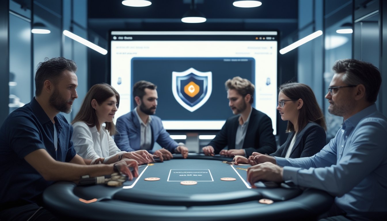Beberapa orang bermain poker online di depan layar komputer dengan suasana yang aman dan profesional.