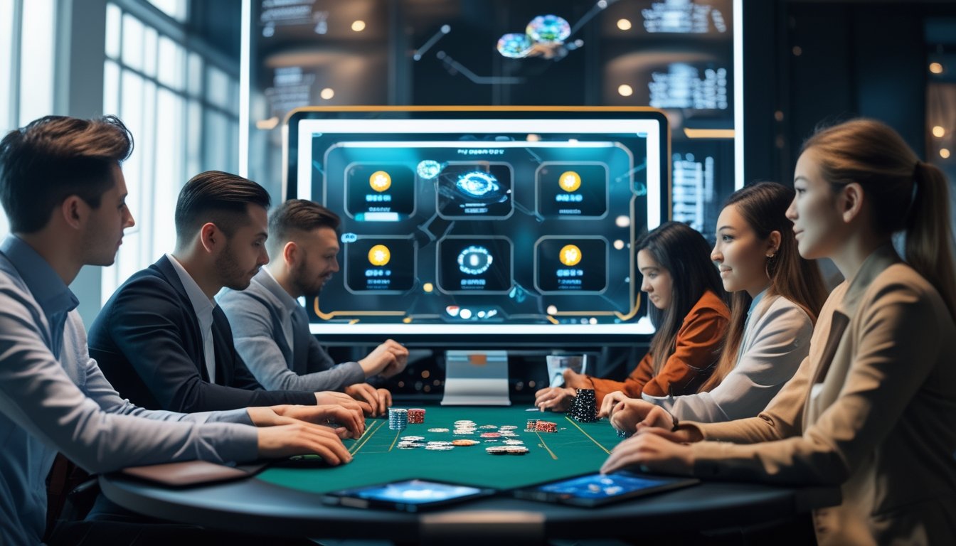 Sekelompok orang bermain poker online dengan antusias di sebuah ruangan modern, menatap layar komputer yang menampilkan berbagai pilihan permainan poker digital.