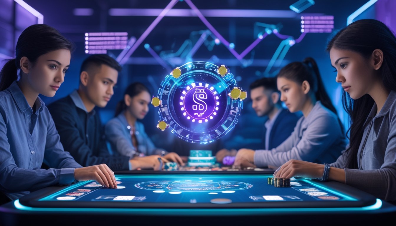 Sekelompok orang muda bermain poker online menggunakan perangkat digital di ruangan berteknologi tinggi dengan tampilan meja poker digital dan grafik tren di latar belakang.