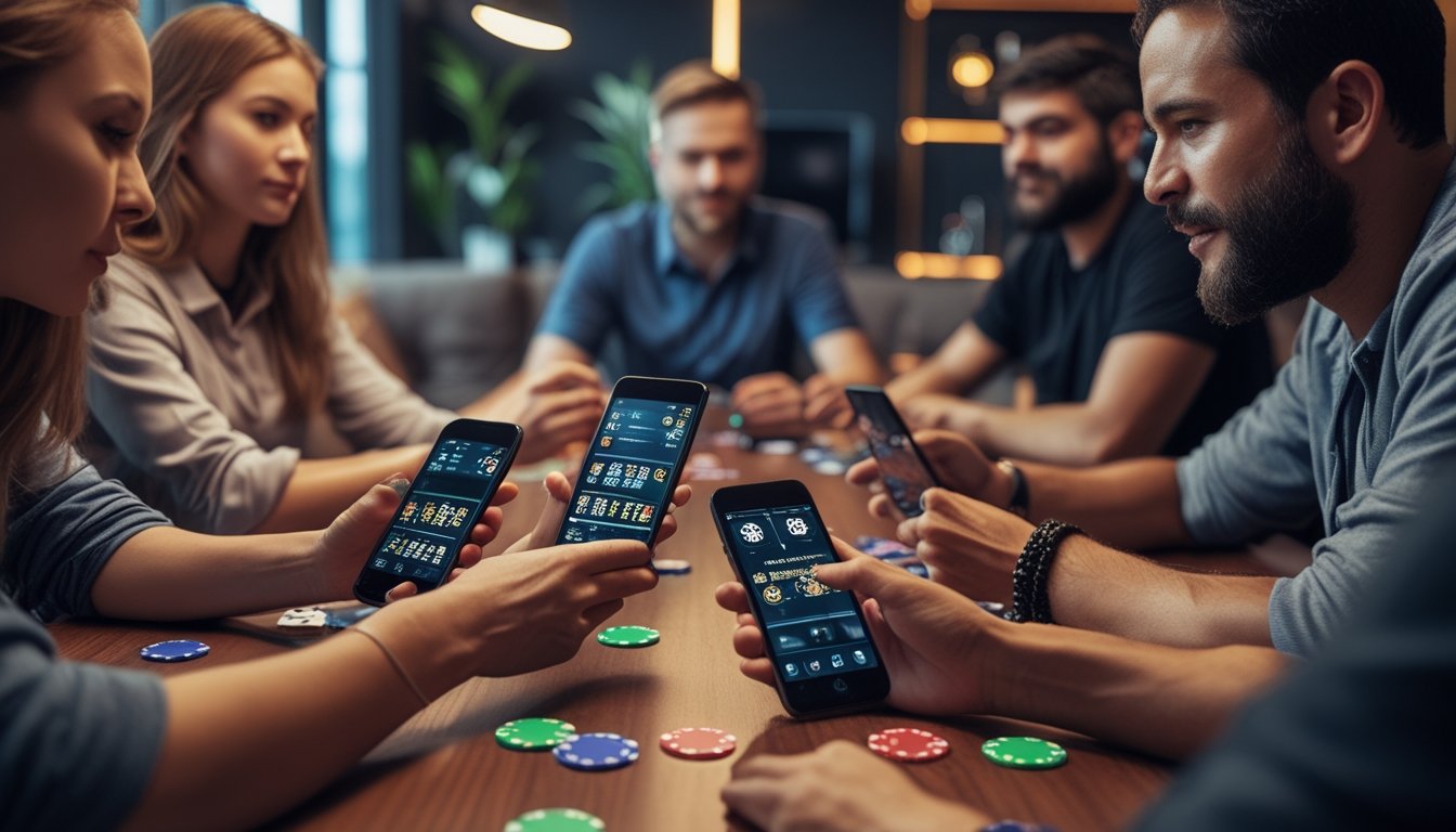 Sekelompok orang bermain poker online menggunakan ponsel Android di meja dengan chip dan kartu poker.