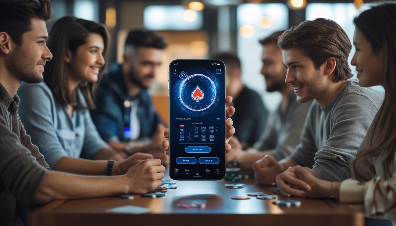 Beberapa orang sedang bermain poker online menggunakan smartphone Android di sebuah meja dengan chip dan kartu poker.