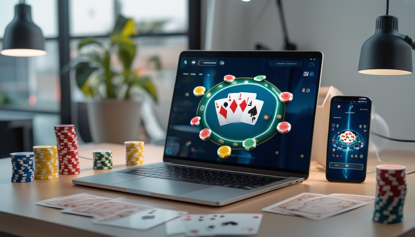 Seseorang bermain poker online di komputer dengan tumpukan chip dan kartu di meja yang rapi.