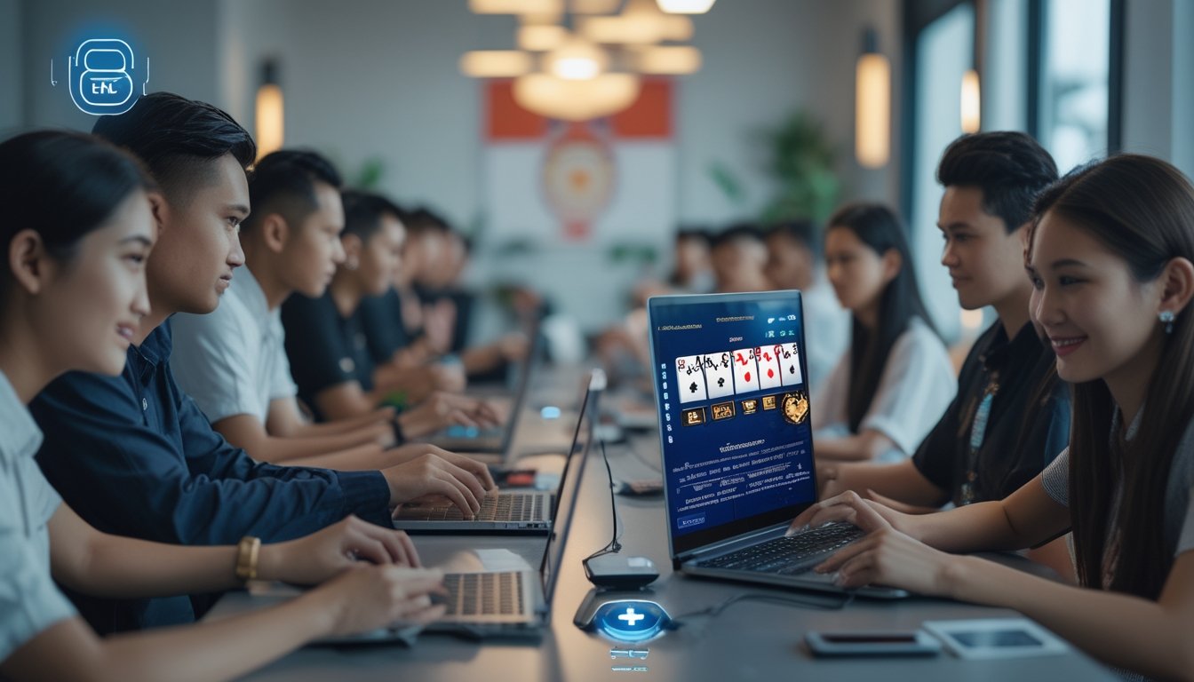 Beberapa orang menggunakan laptop dan ponsel untuk bermain poker online di ruangan yang terang dengan dekorasi khas Indonesia.