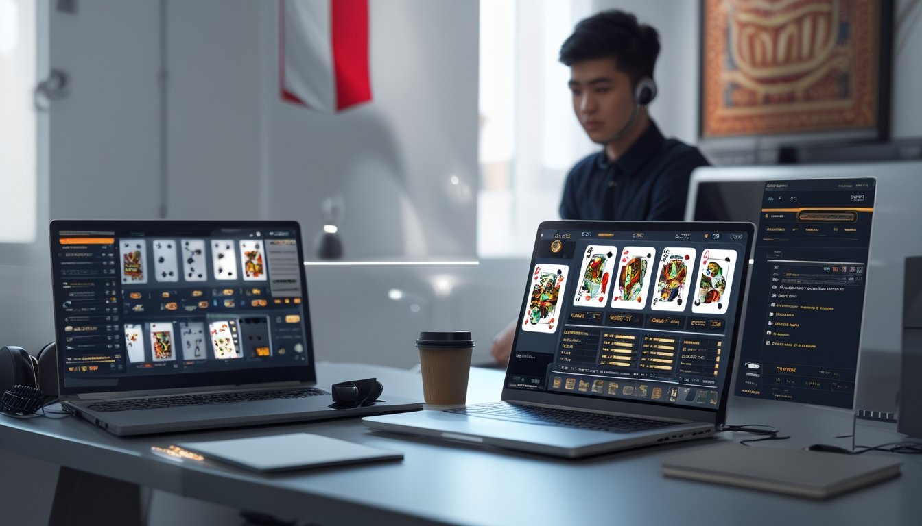 Seorang pria muda sedang menggunakan laptop dan ponsel untuk bermain poker online dengan aplikasi VPN di meja kerja yang rapi.