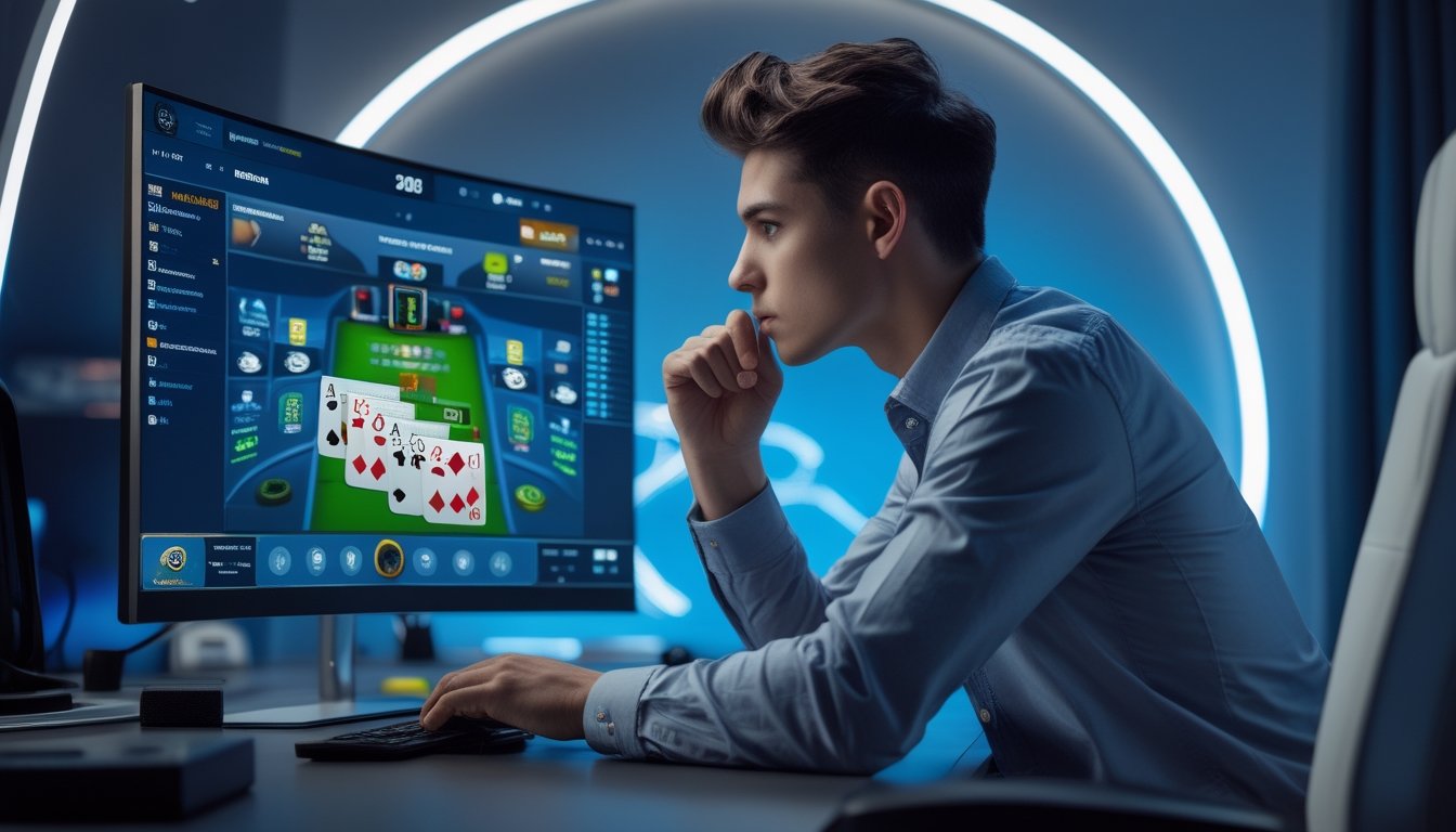 Seorang dewasa muda fokus bermain poker online di depan komputer dengan tampilan kartu dan chip poker di layar.