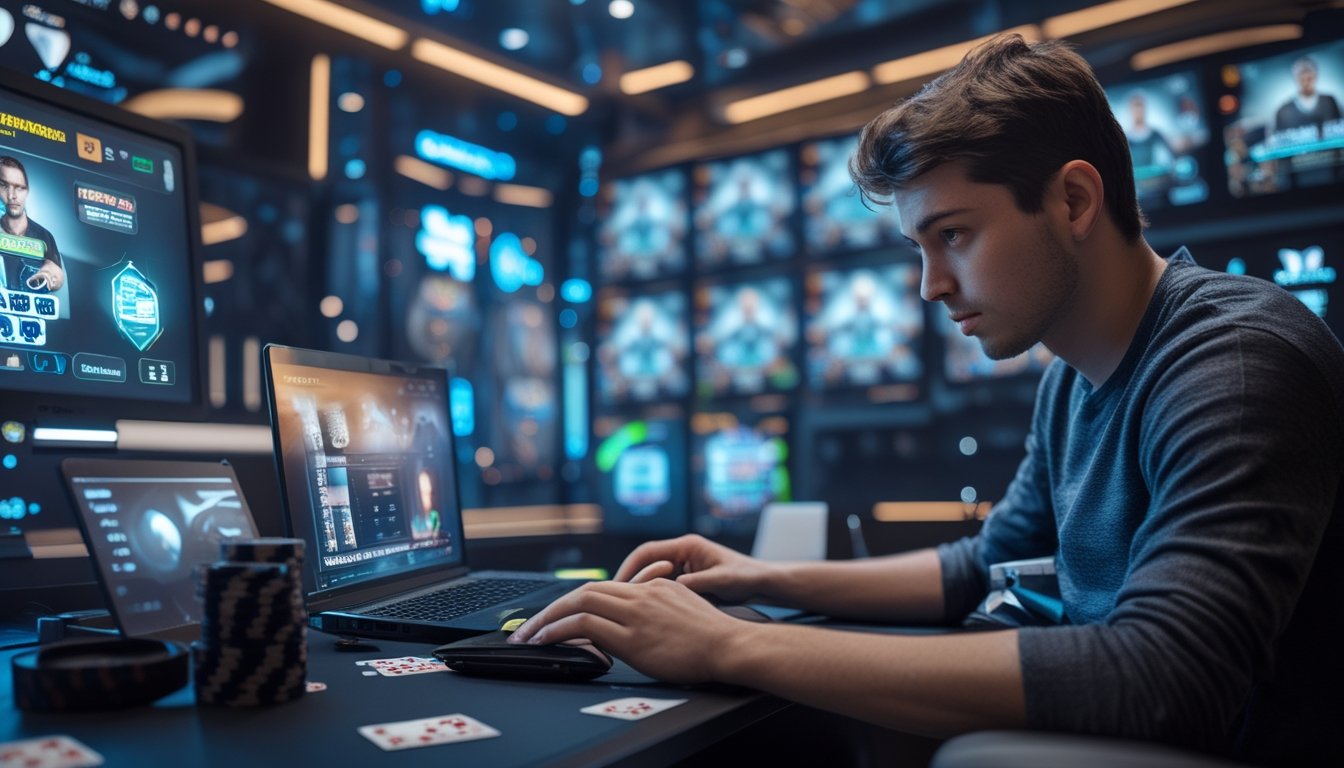 Seorang pemain poker online fokus di depan laptop dengan layar menampilkan kartu dan chip poker dalam suasana ruangan modern.