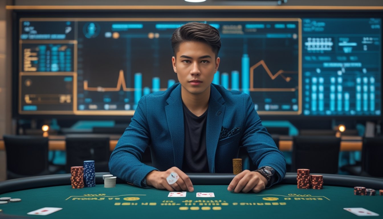 Seorang pria muda duduk di meja poker dengan kartu dan chip, fokus bermain poker di ruangan yang terang.