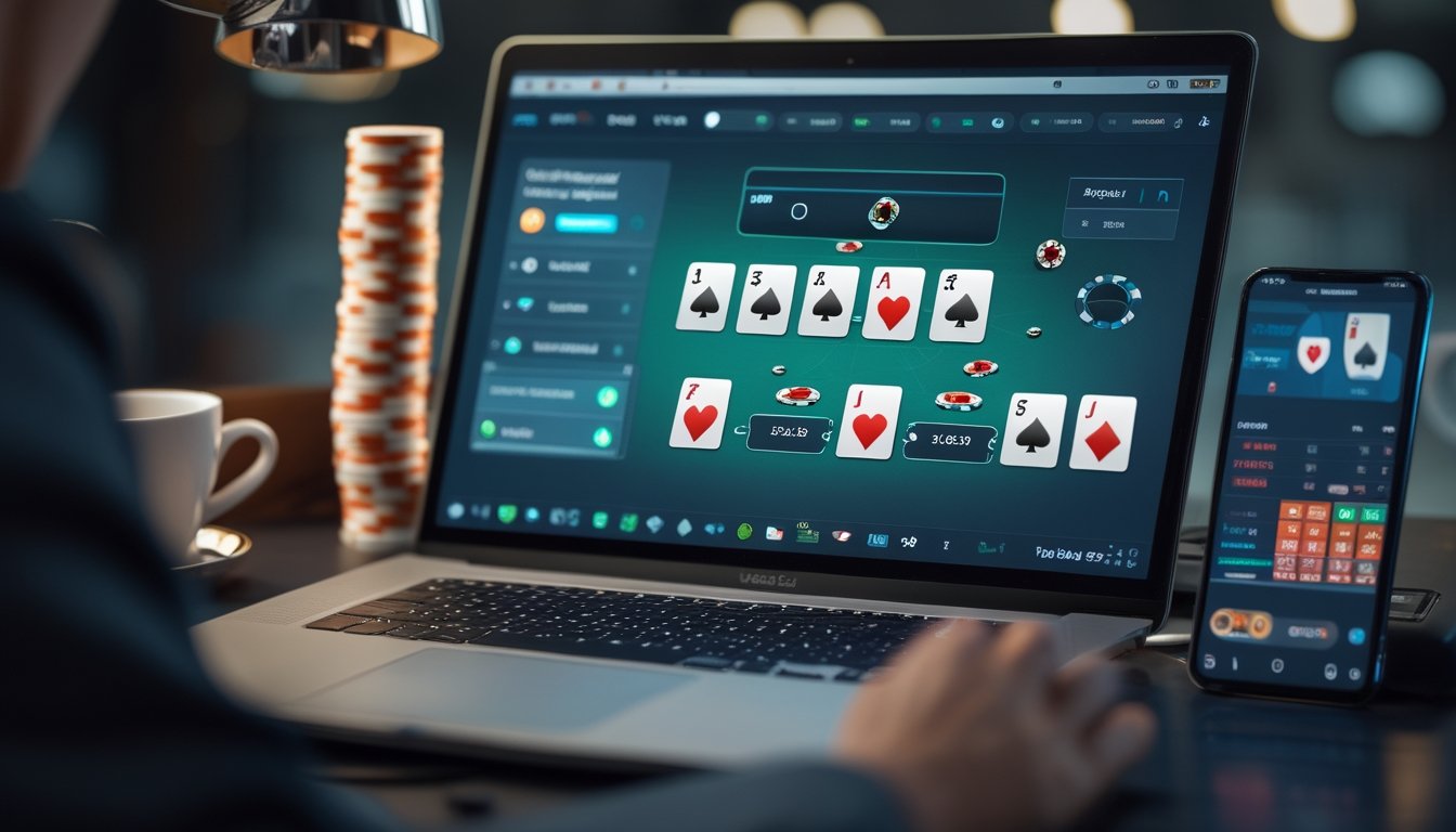 Seorang pemain poker online duduk di depan laptop dengan tumpukan chip poker dan ponsel di meja, suasana tenang dan fokus.