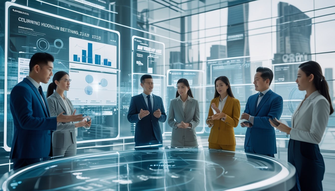 Sekelompok profesional Asia sedang berdiskusi di ruang kerja modern dengan layar holografik menampilkan grafik dan dokumen terkait taruhan online, dengan latar belakang kota futuristik.