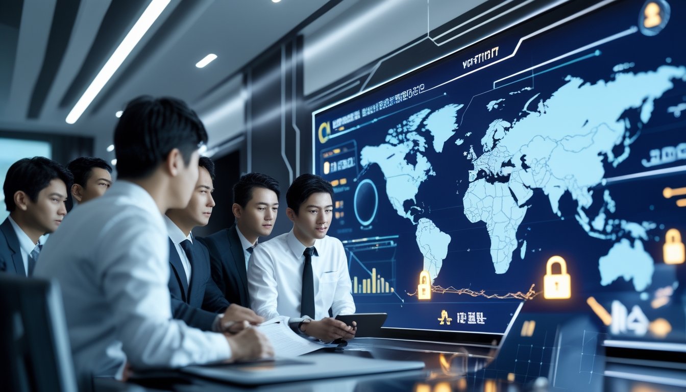 Sekelompok profesional Asia berdiskusi di kantor modern dengan layar digital yang menampilkan grafik dan peta Asia terkait regulasi taruhan online.