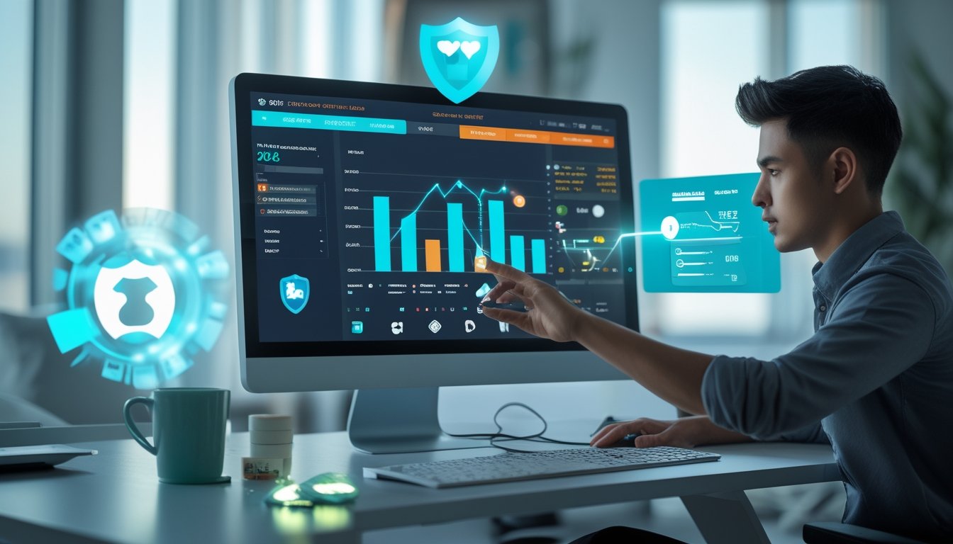 Seseorang sedang bekerja dengan komputer yang menampilkan grafik dan ikon keamanan terkait taruhan online di ruang kerja modern.