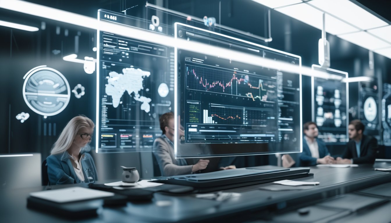 Sejumlah profesional sedang menganalisis data AI pada layar digital dalam ruang kerja modern yang futuristik.