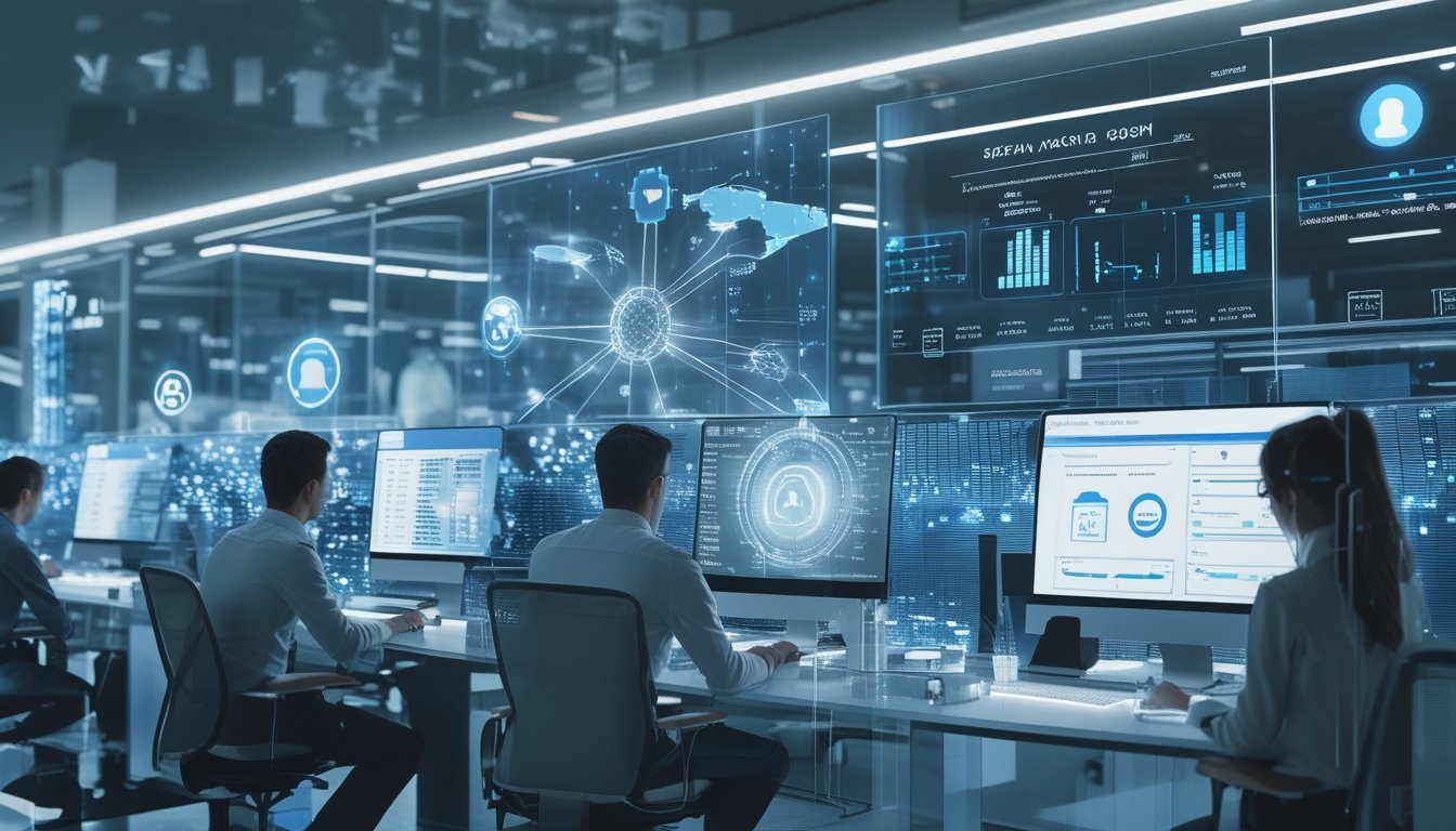 Sekelompok profesional sedang bekerja bersama di ruang kerja modern dengan layar digital yang menampilkan data dan grafik terkait teknologi AI untuk sistem taruhan online.