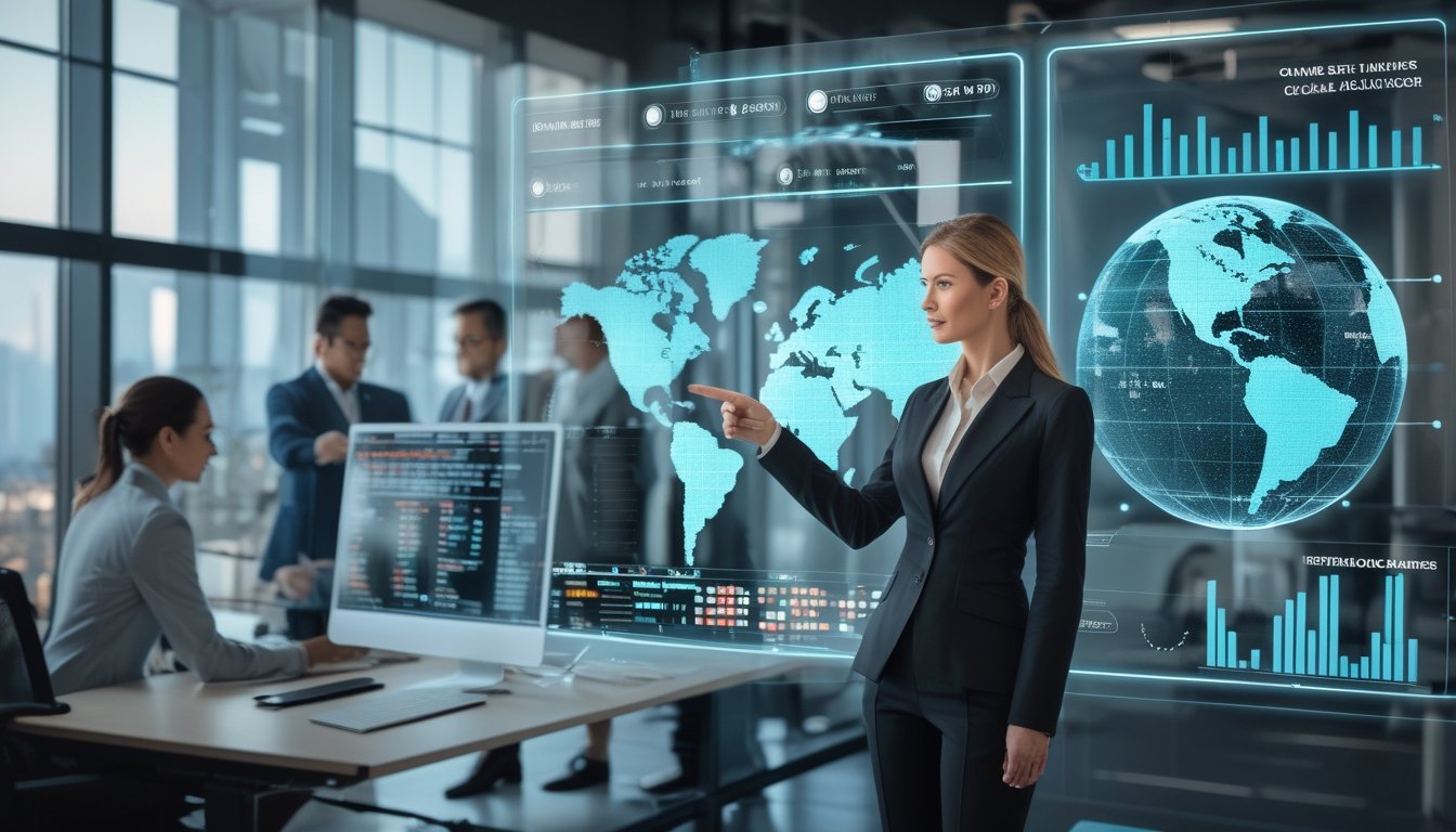 Seorang wanita bisnis dan profesional lain sedang menganalisis data digital tentang industri taruhan online di kantor modern dengan layar transparan dan grafik global.