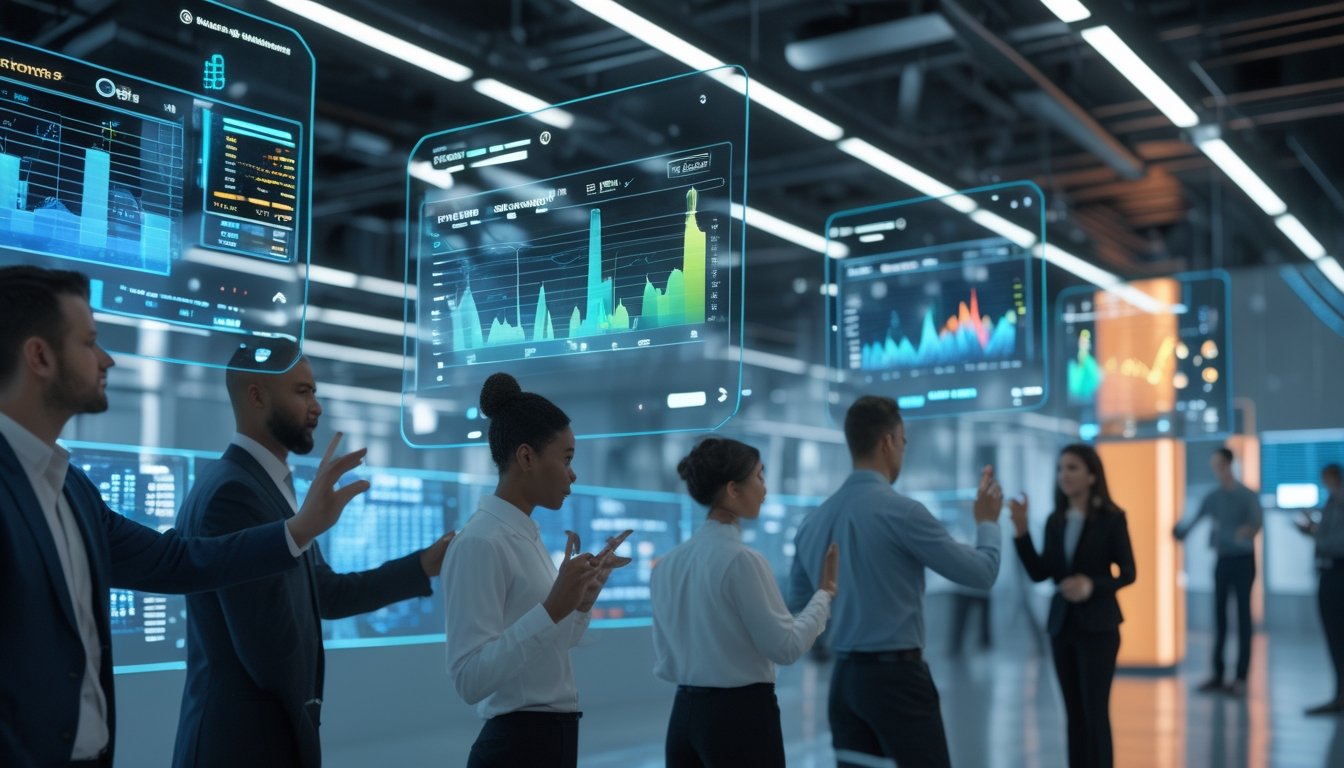 Sejumlah profesional bekerja dengan antarmuka digital holografik yang menampilkan grafik dan data taruhan secara real-time di sebuah kantor modern.