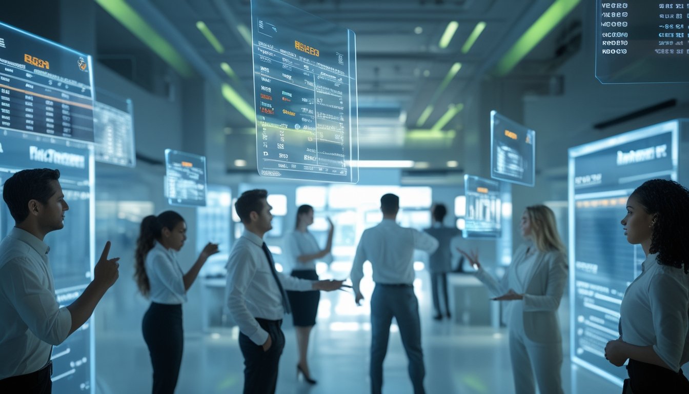 Sekelompok profesional sedang menggunakan layar digital transparan yang menampilkan data dan grafik taruhan online di ruang kantor modern.