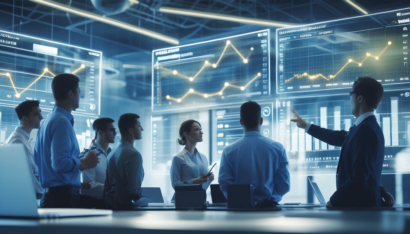 Sekelompok profesional bisnis sedang menganalisis grafik pertumbuhan pasar taruhan online menggunakan layar digital di kantor modern.