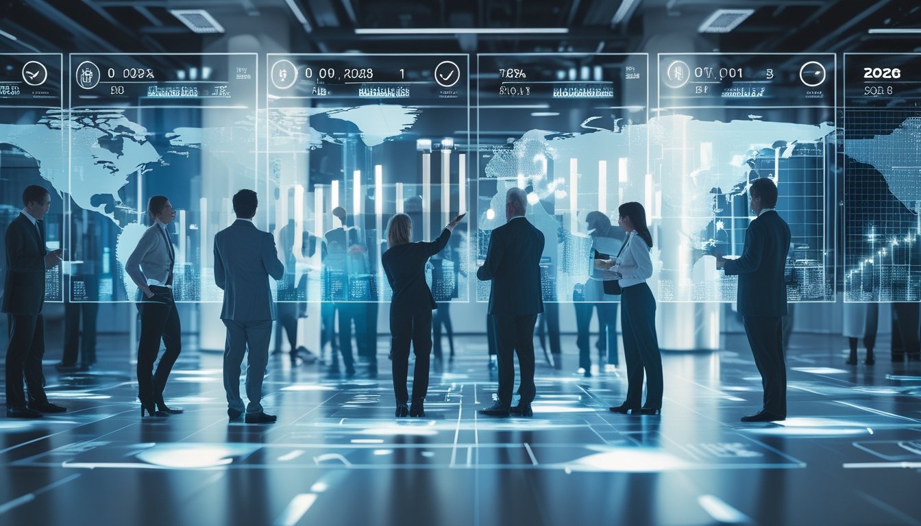 Sekelompok profesional bisnis sedang menganalisis data pasar taruhan online dengan grafik dan layar digital di kantor modern.