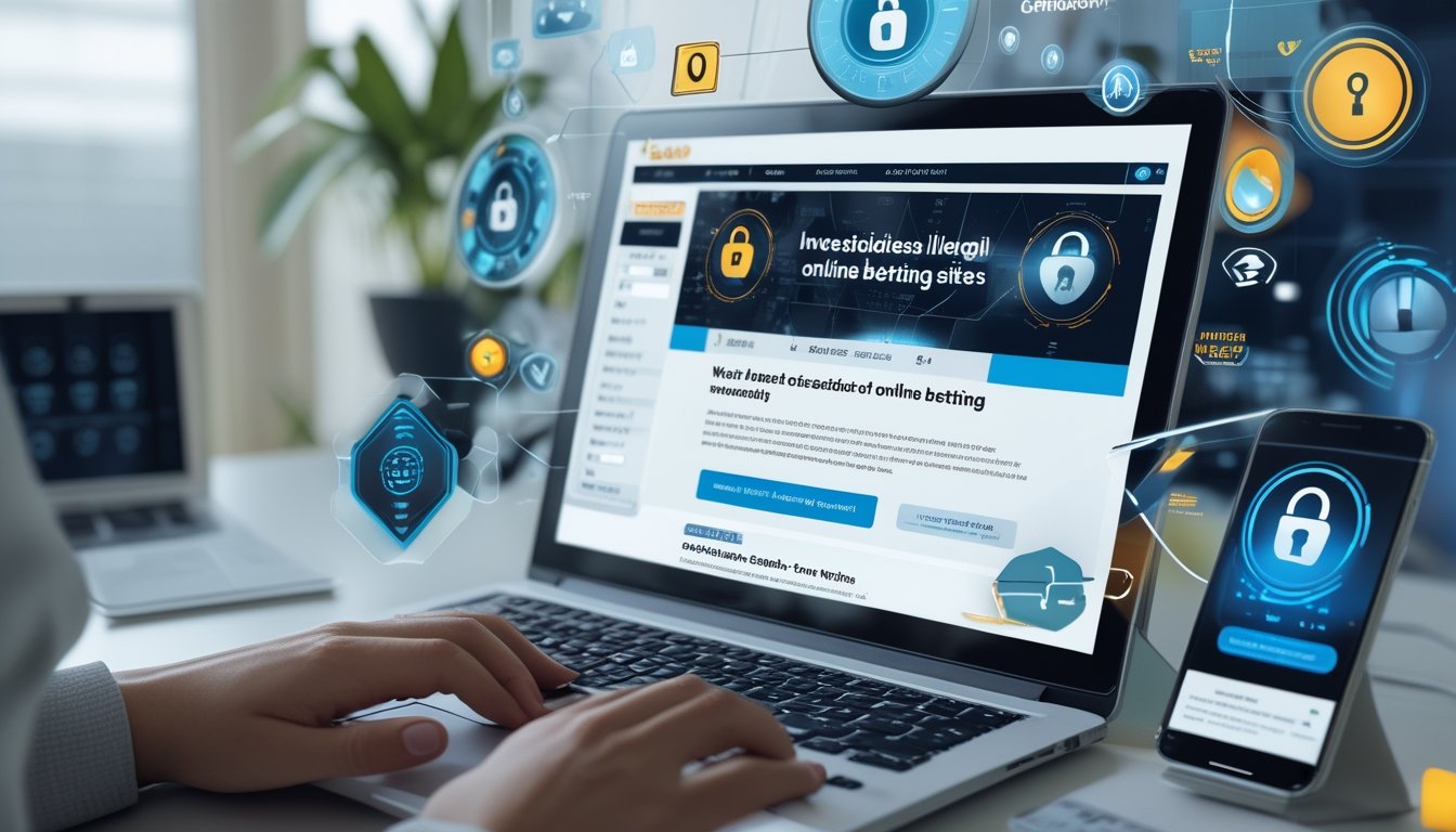 Seseorang sedang bekerja di depan laptop yang menampilkan situs taruhan online dengan ikon keamanan dan peringatan di layar, di meja terdapat ponsel dengan notifikasi peringatan.