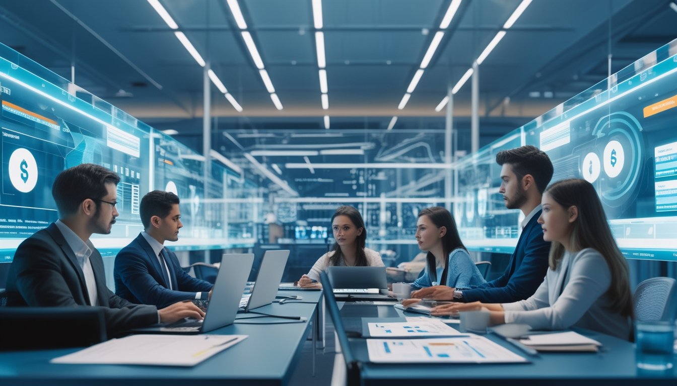 Beberapa profesional muda sedang menganalisis data di layar digital di kantor modern untuk mengenali situs taruhan online ilegal.