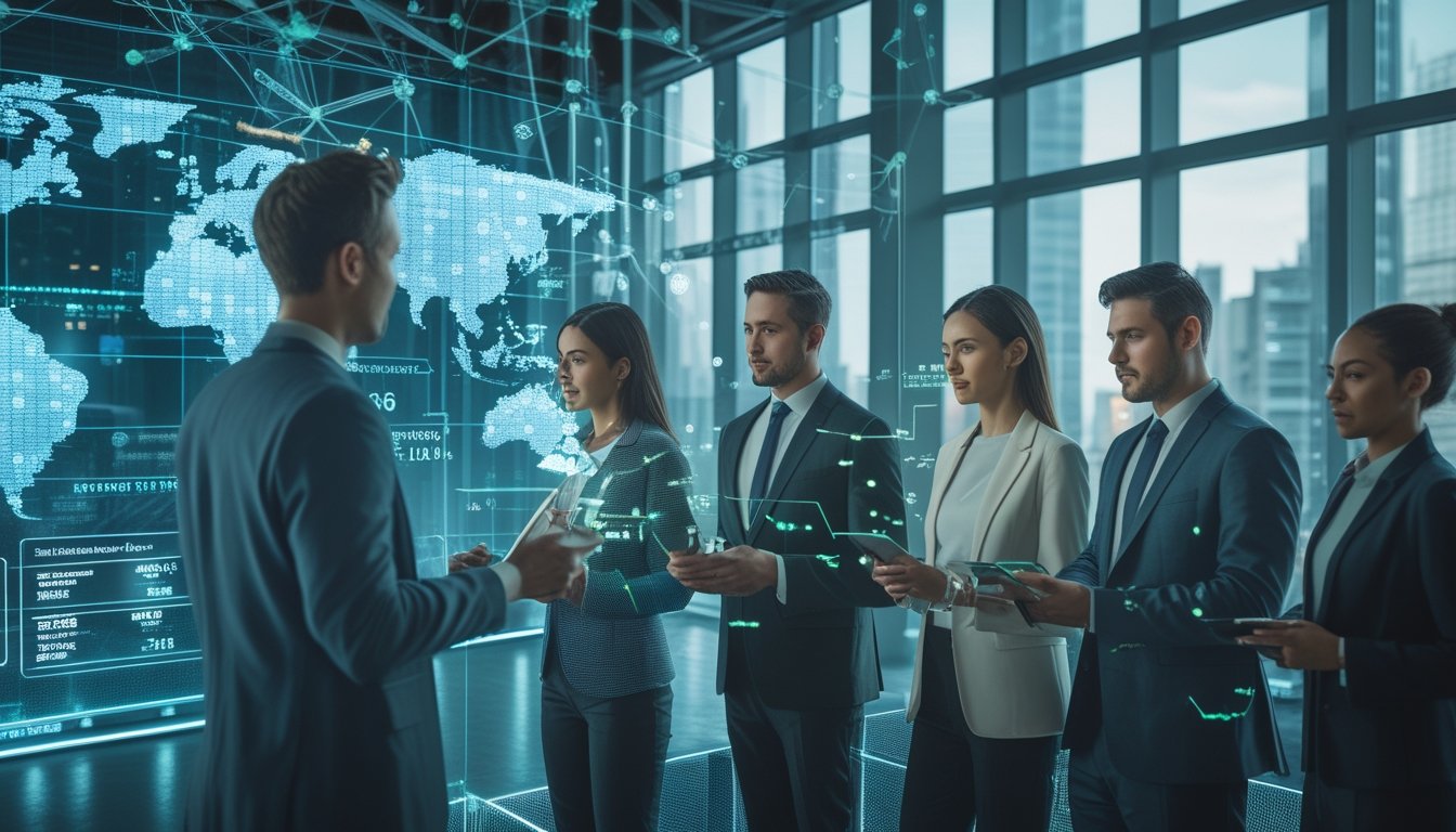 Sekelompok profesional sedang menggunakan layar holografik dengan tampilan teknologi blockchain dan data taruhan di kantor modern.