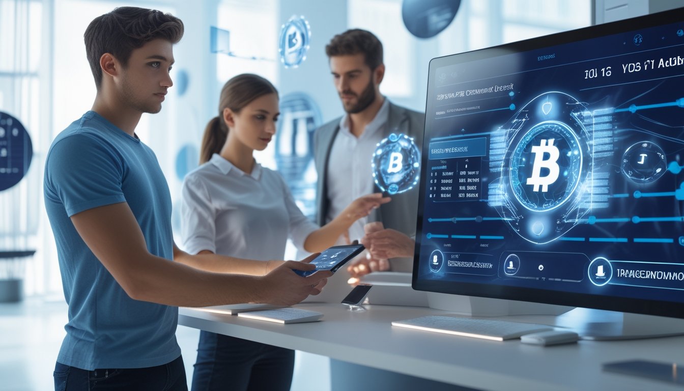 Orang-orang menggunakan perangkat digital dengan tampilan blockchain dan simbol keamanan yang menggambarkan taruhan online yang transparan dan modern.