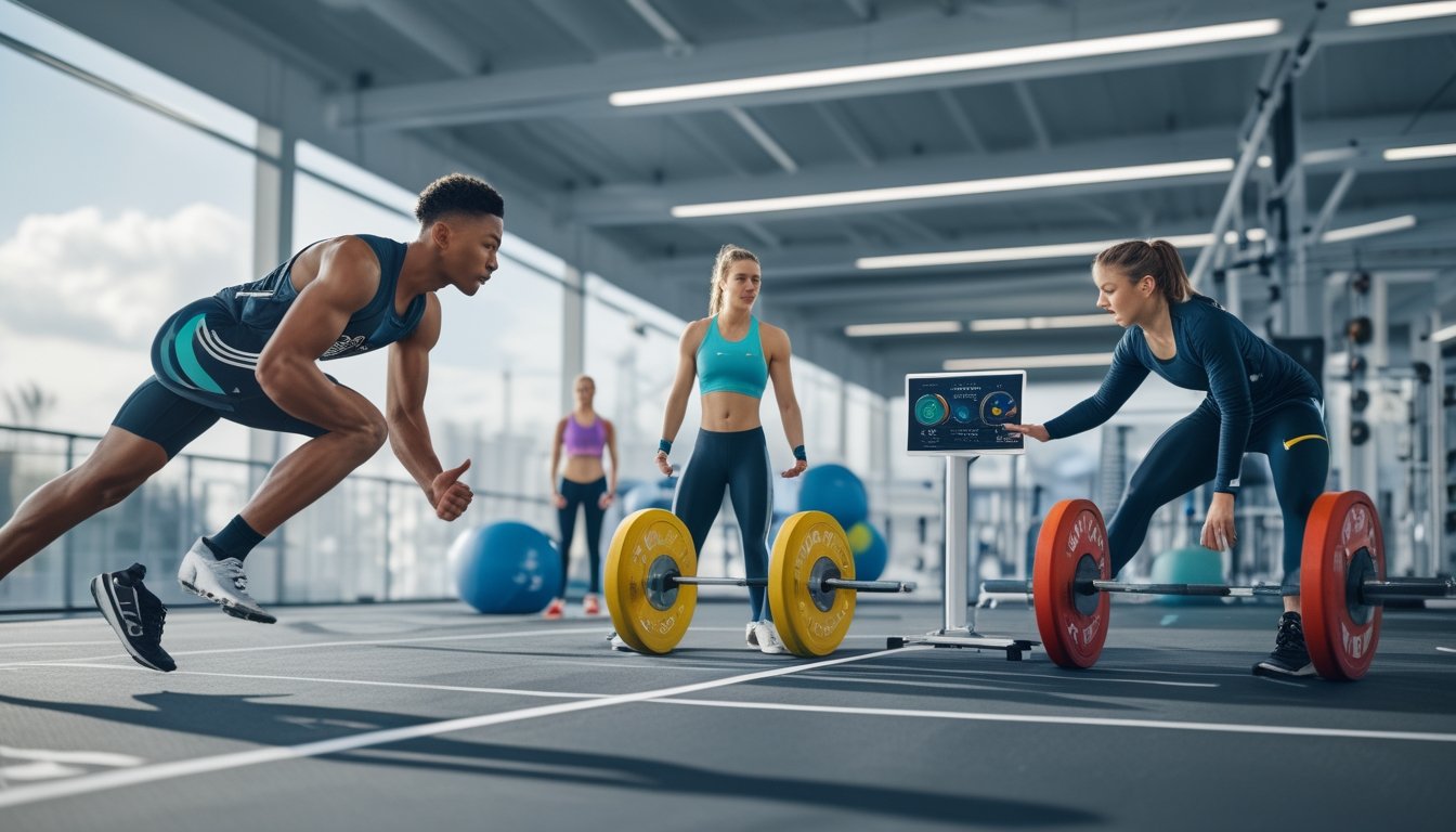 Sekelompok atlet berlatih dengan berbagai aktivitas olahraga di lapangan dan gym modern, didampingi pelatih yang memantau data latihan menggunakan tablet.