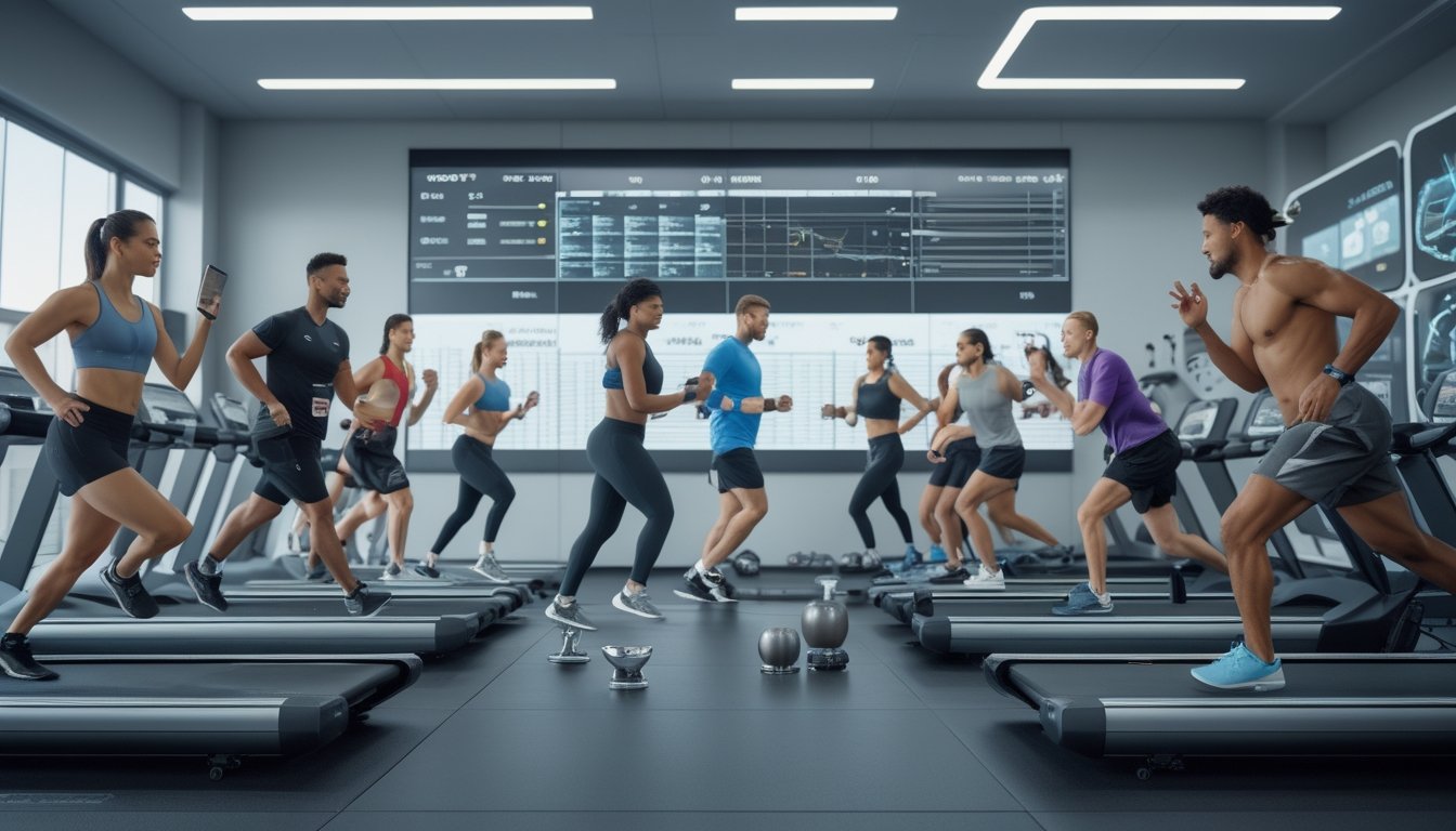 Beberapa atlet sedang berlatih di gym modern dengan pelatih yang memantau data latihan menggunakan tablet.