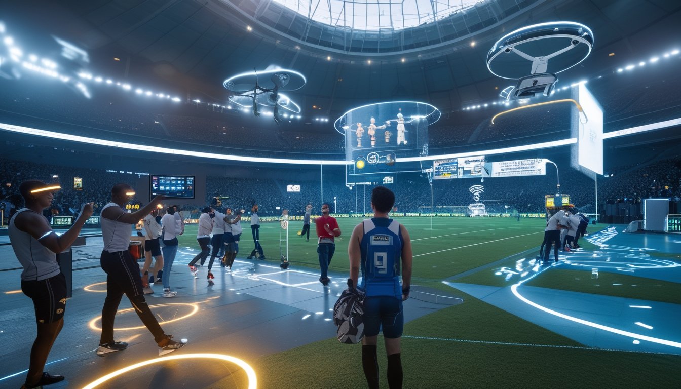 Atlet dan pelatih menggunakan teknologi canggih di stadion olahraga futuristik dengan layar digital dan drone di atas.